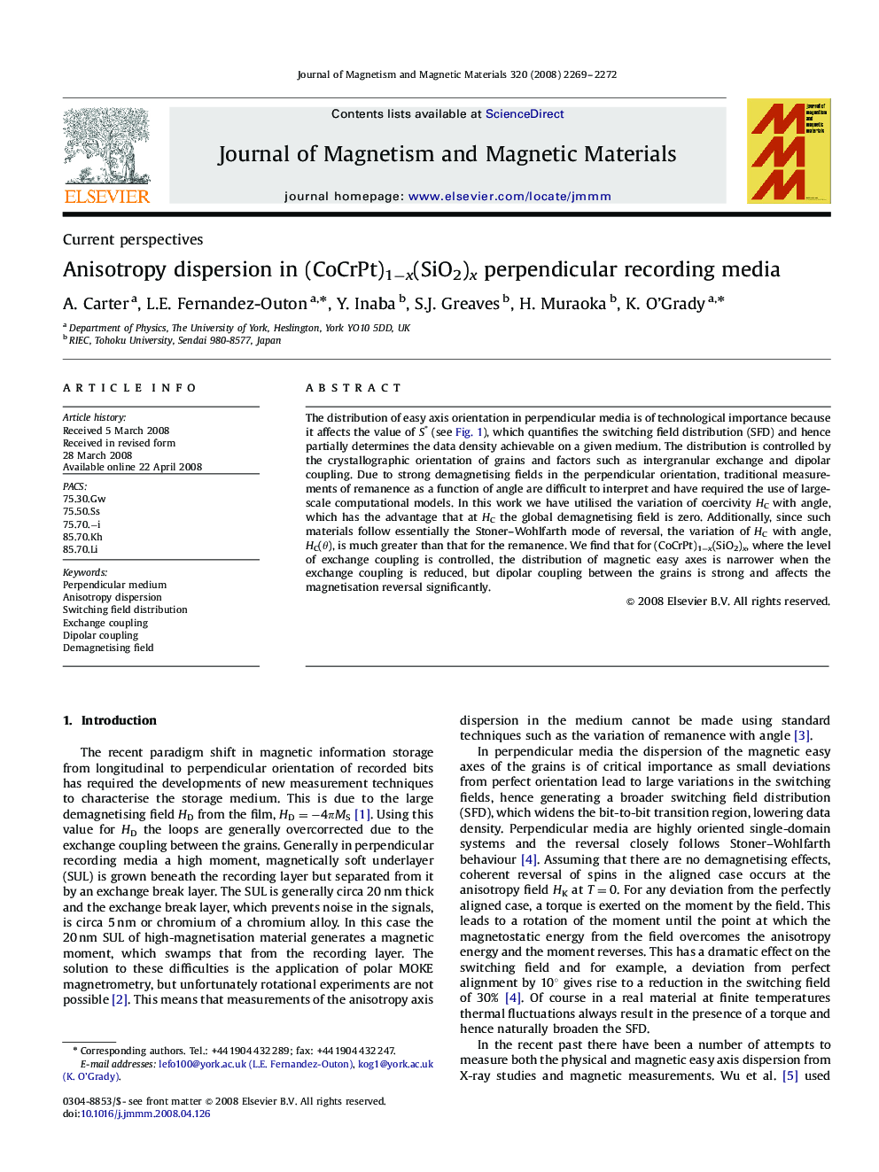 Anisotropy dispersion in (CoCrPt)1−x(SiO2)x perpendicular recording media