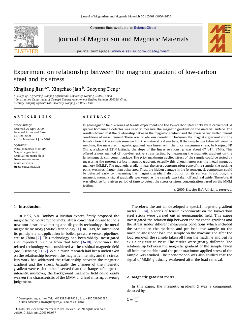 Experiment on relationship between the magnetic gradient of low-carbon steel and its stress