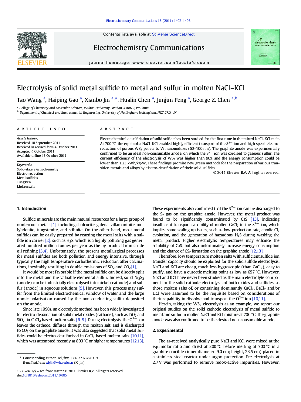 Electrolysis of solid metal sulfide to metal and sulfur in molten NaCl–KCl