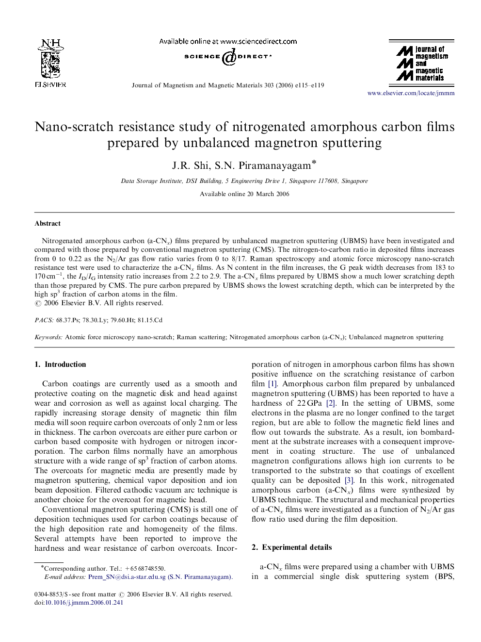 Nano-scratch resistance study of nitrogenated amorphous carbon films prepared by unbalanced magnetron sputtering