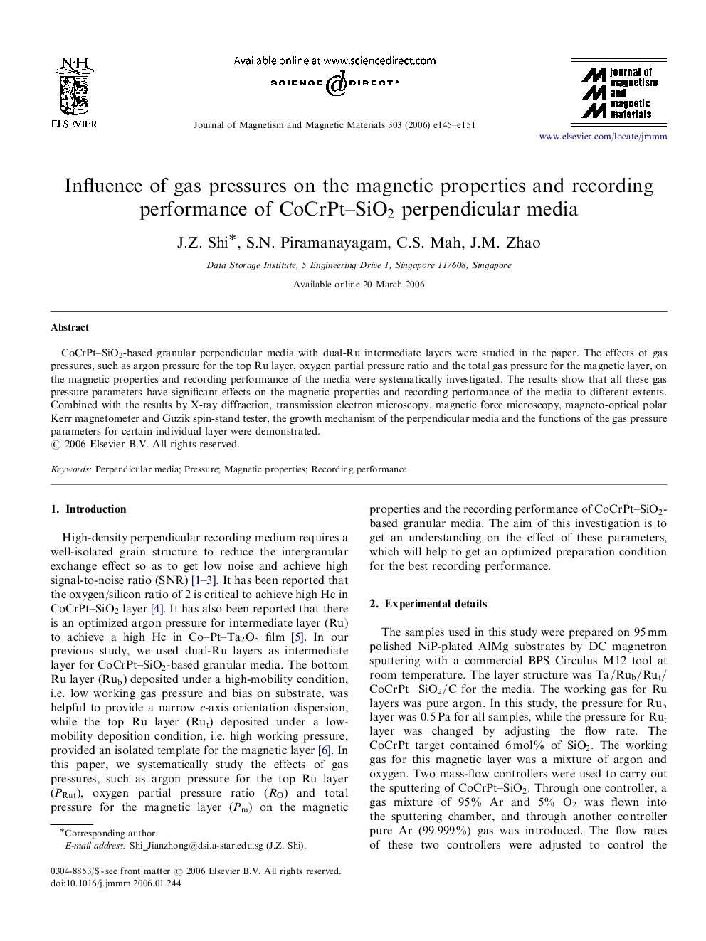 Influence of gas pressures on the magnetic properties and recording performance of CoCrPt-SiO2 perpendicular media