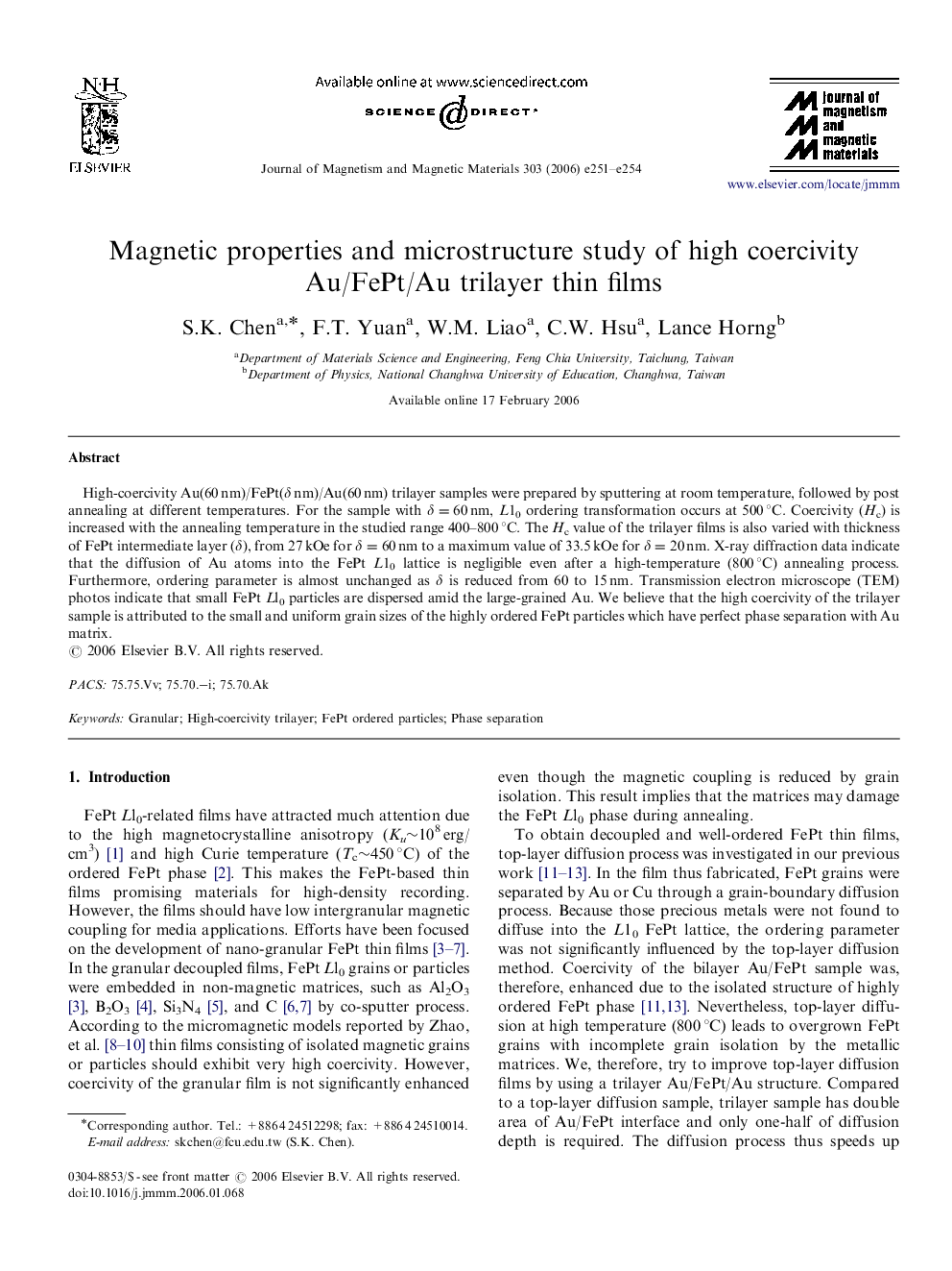 Magnetic properties and microstructure study of high coercivity Au/FePt/Au trilayer thin films