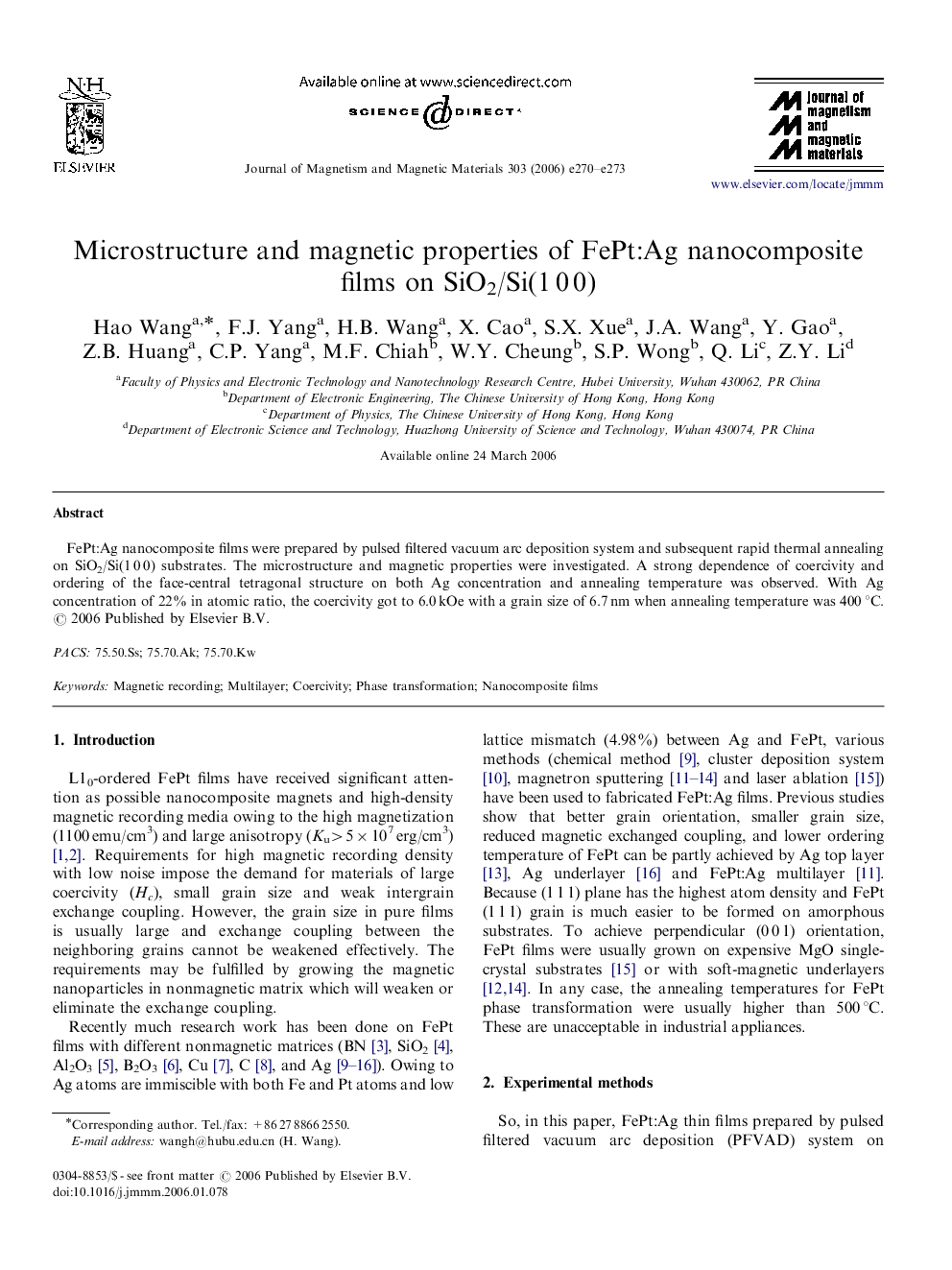 Microstructure and magnetic properties of FePt:Ag nanocomposite films on SiO2/Si(1Â 0Â 0)