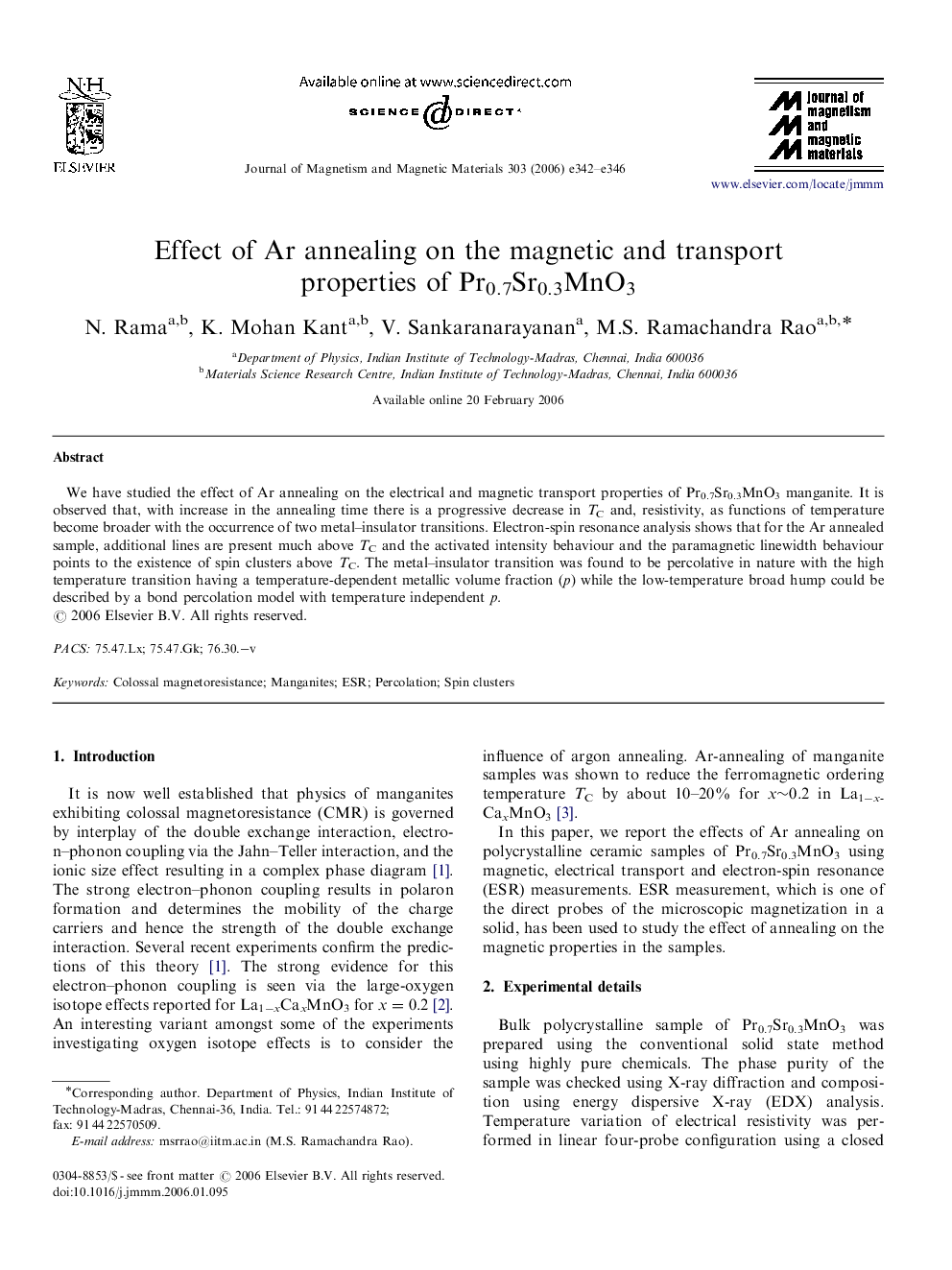 Effect of Ar annealing on the magnetic and transport properties of Pr0.7Sr0.3MnO3