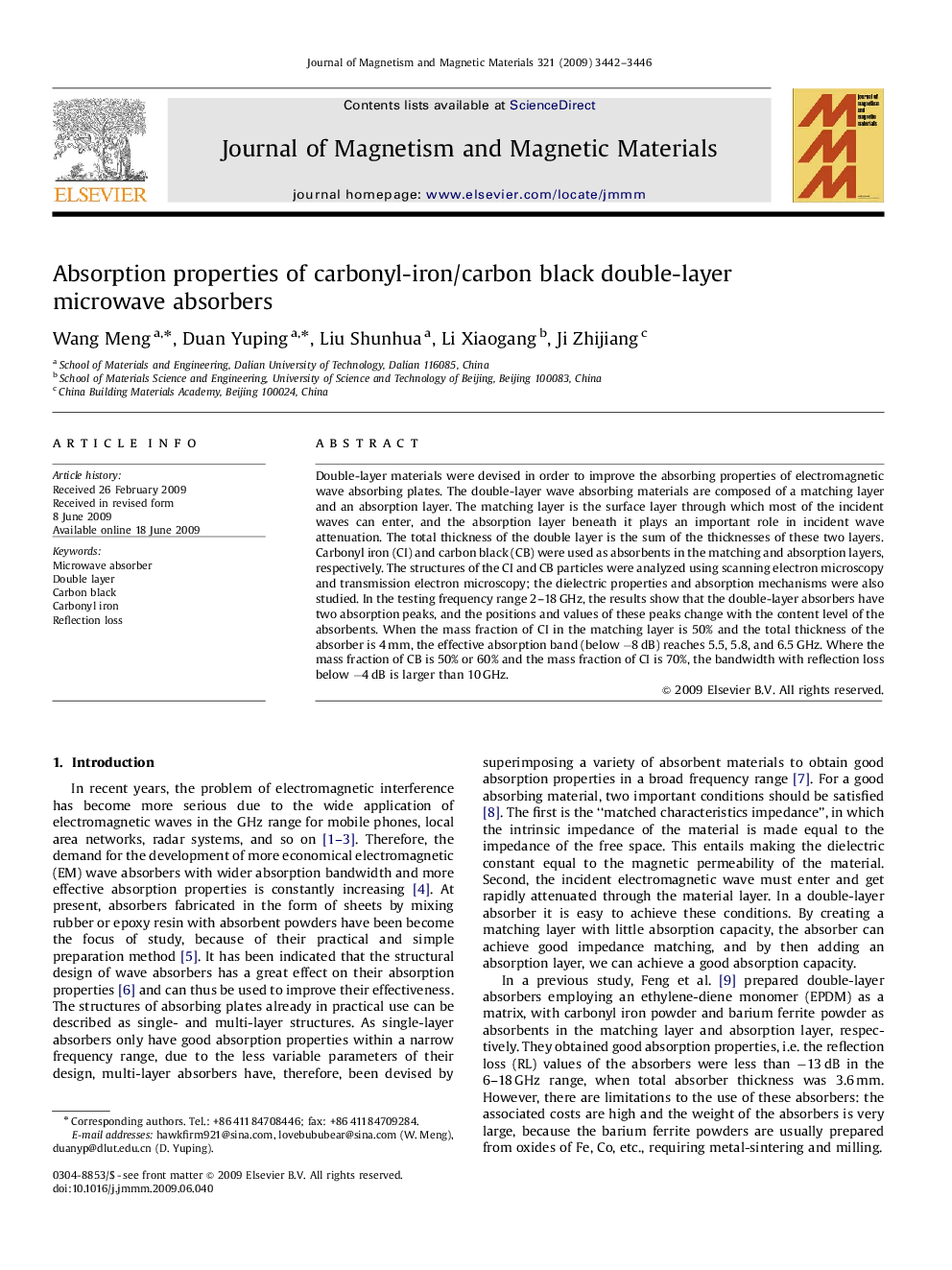 Absorption properties of carbonyl-iron/carbon black double-layer microwave absorbers