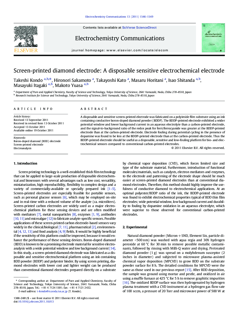 Screen-printed diamond electrode: A disposable sensitive electrochemical electrode