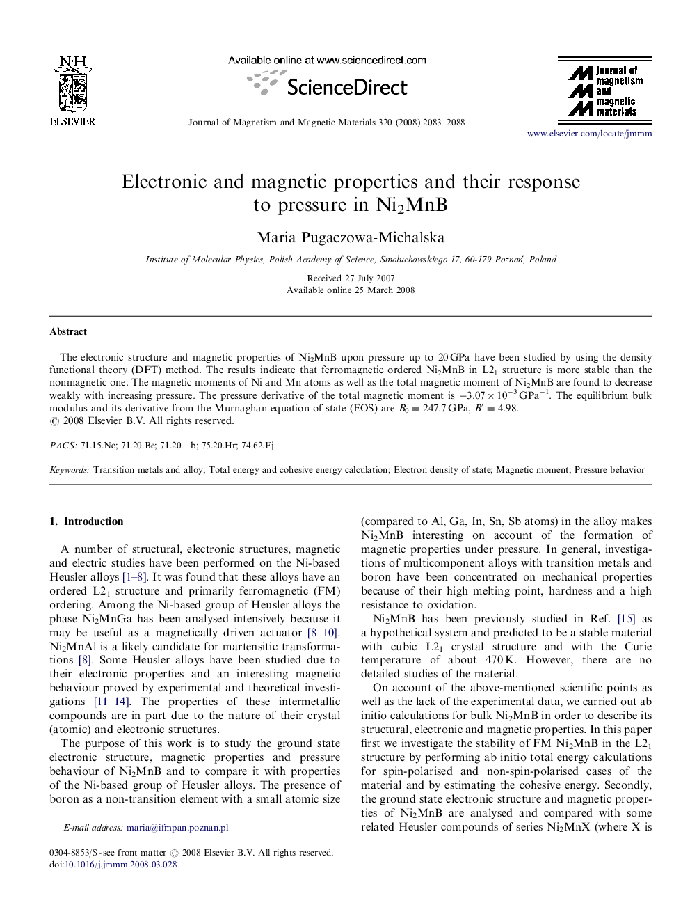 Electronic and magnetic properties and their response to pressure in Ni2MnB