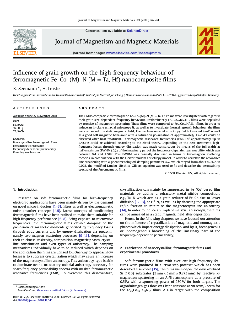 Influence of grain growth on the high-frequency behaviour of ferromagnetic Fe–Co–(M)–N (M=Ta, Hf) nanocomposite films