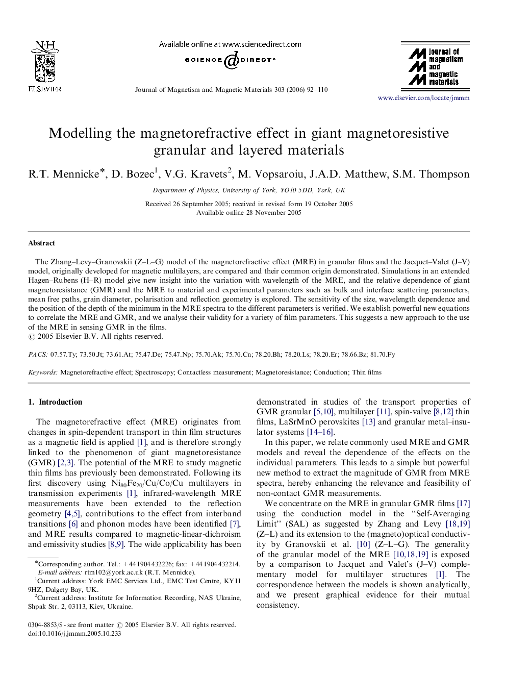 Modelling the magnetorefractive effect in giant magnetoresistive granular and layered materials