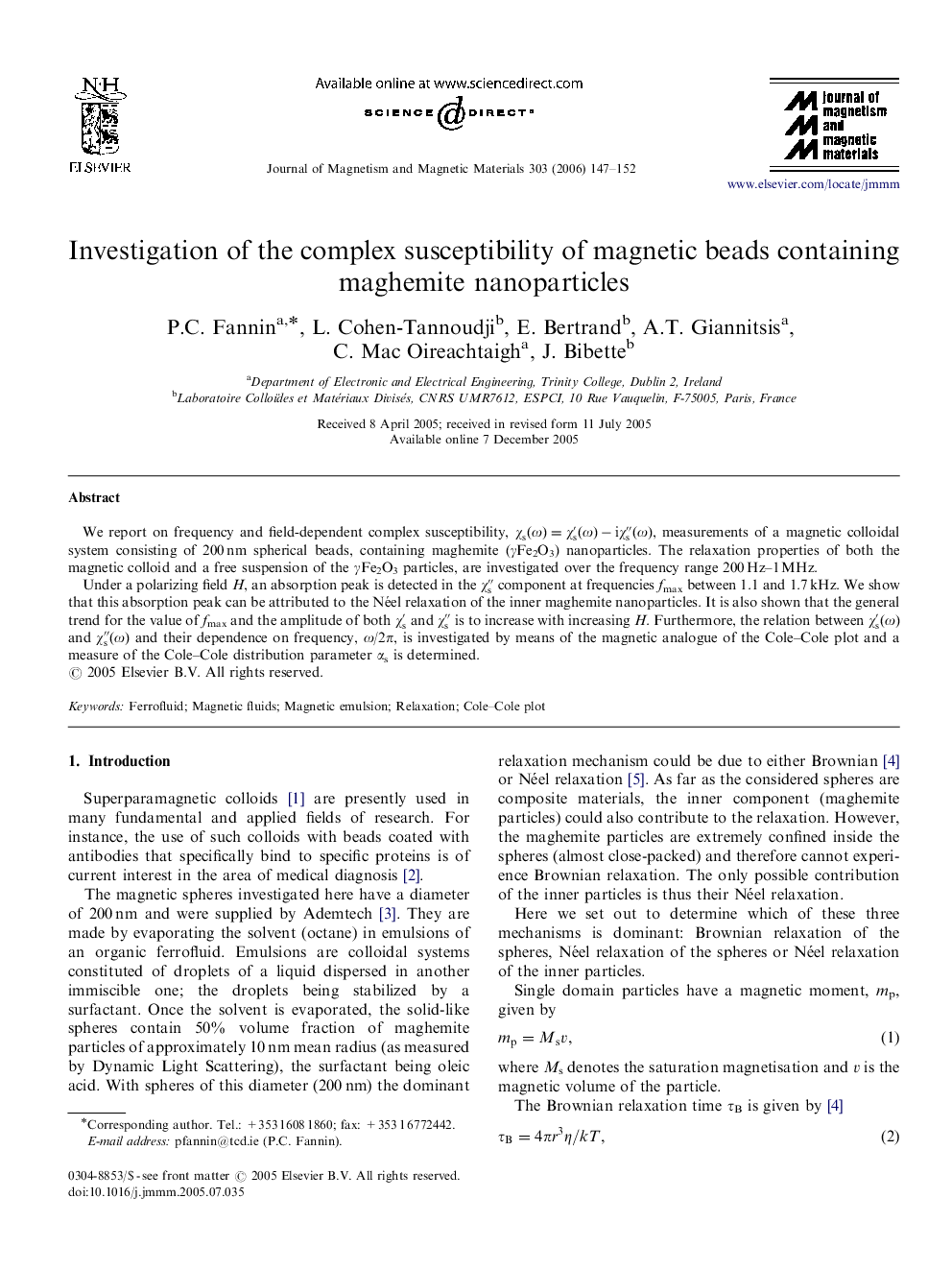 Investigation of the complex susceptibility of magnetic beads containing maghemite nanoparticles
