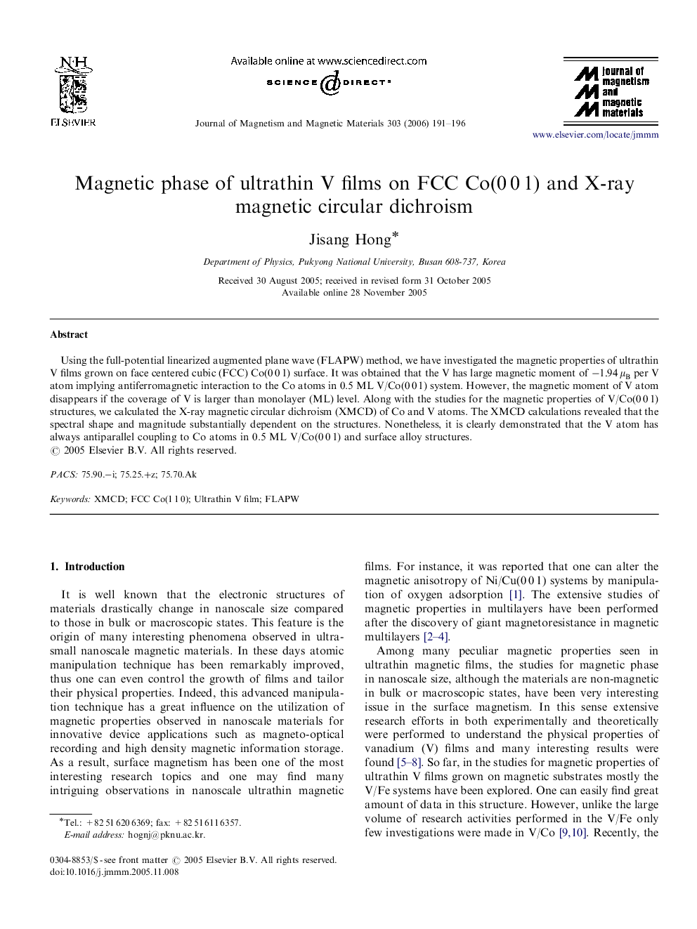 Magnetic phase of ultrathin V films on FCC Co(0Â 0Â 1) and X-ray magnetic circular dichroism