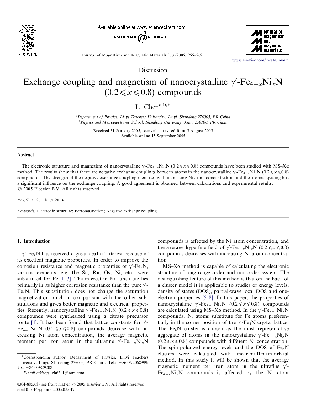 Exchange coupling and magnetism of nanocrystalline Î³â²-Fe4âxNixN (0.2â©½xâ©½0.8) compounds