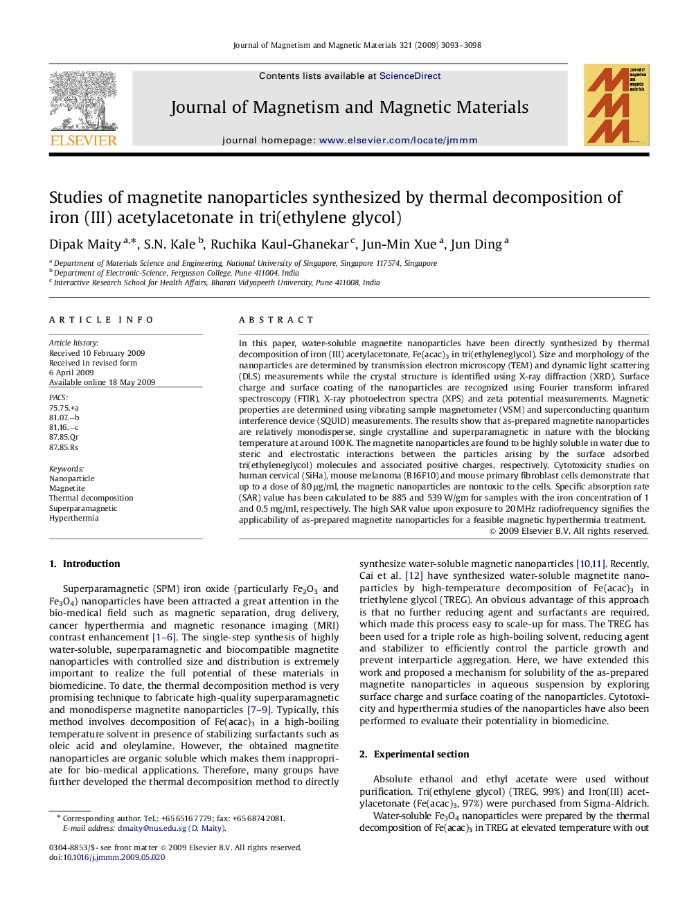 Studies of magnetite nanoparticles synthesized by thermal decomposition of iron (III) acetylacetonate in tri(ethylene glycol)