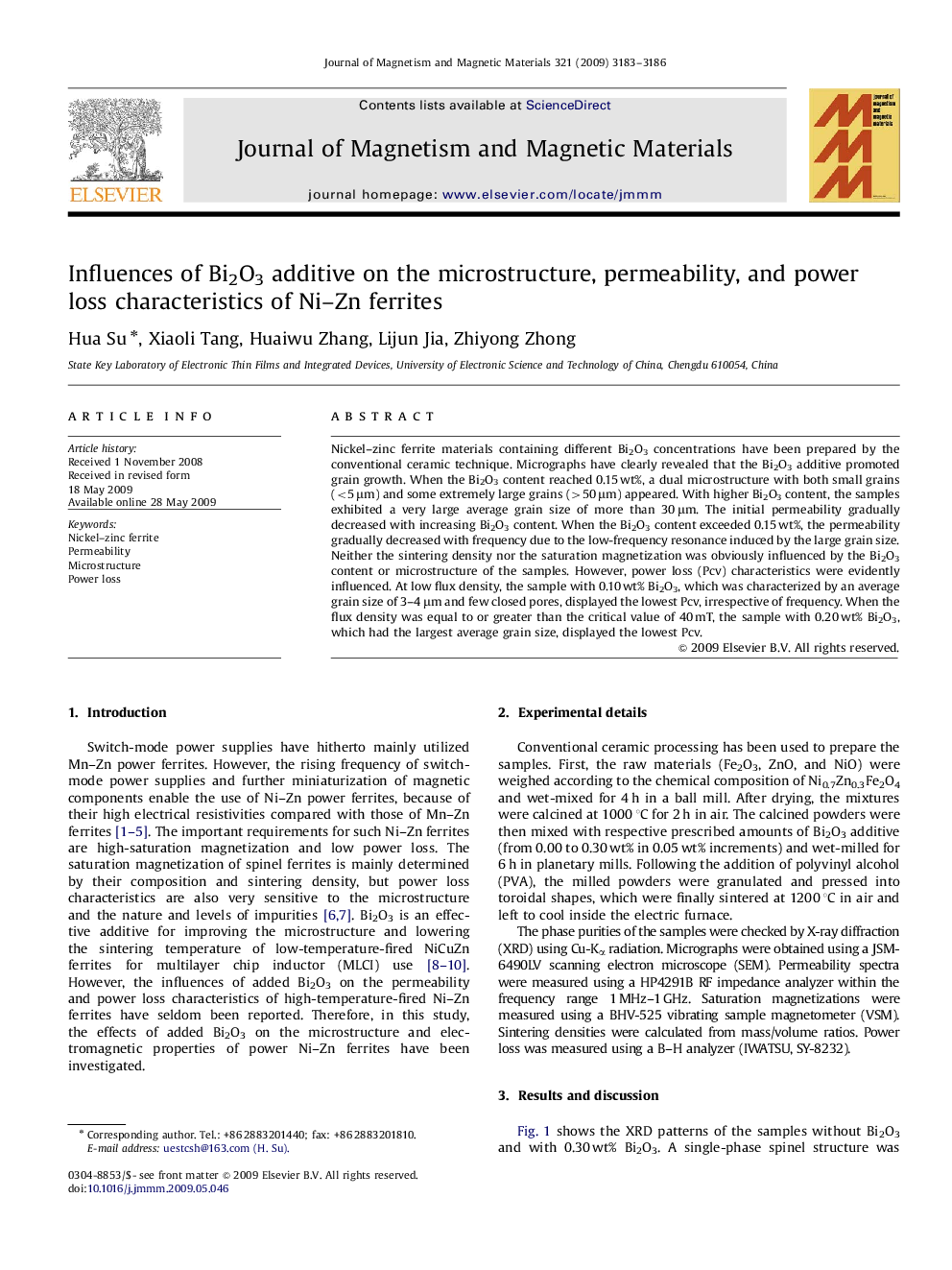 Influences of Bi2O3 additive on the microstructure, permeability, and power loss characteristics of Ni–Zn ferrites