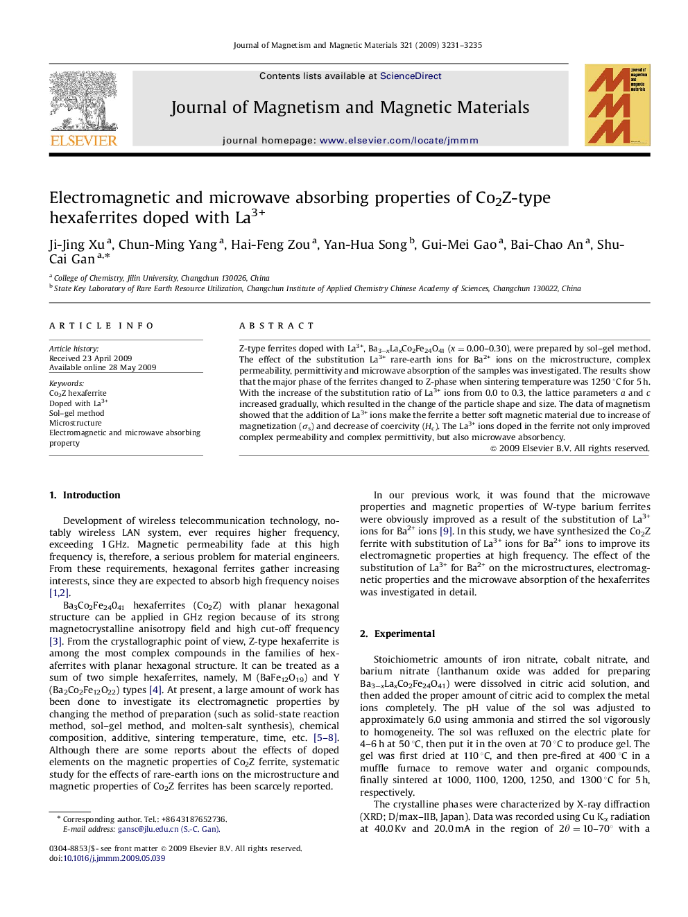 Electromagnetic and microwave absorbing properties of Co2Z-type hexaferrites doped with La3+