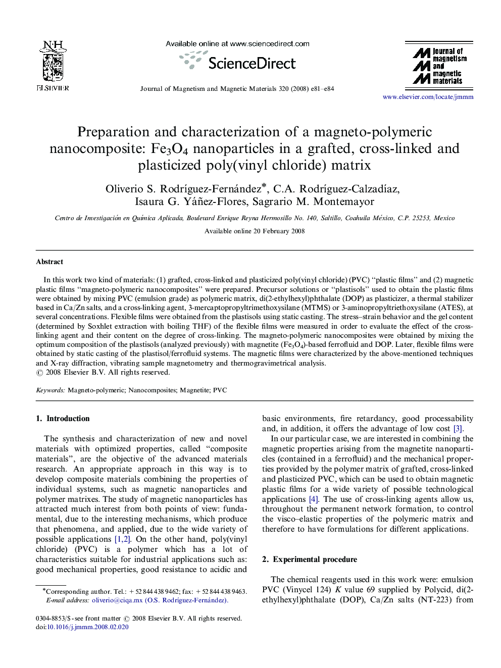 Preparation and characterization of a magneto-polymeric nanocomposite: Fe3O4 nanoparticles in a grafted, cross-linked and plasticized poly(vinyl chloride) matrix