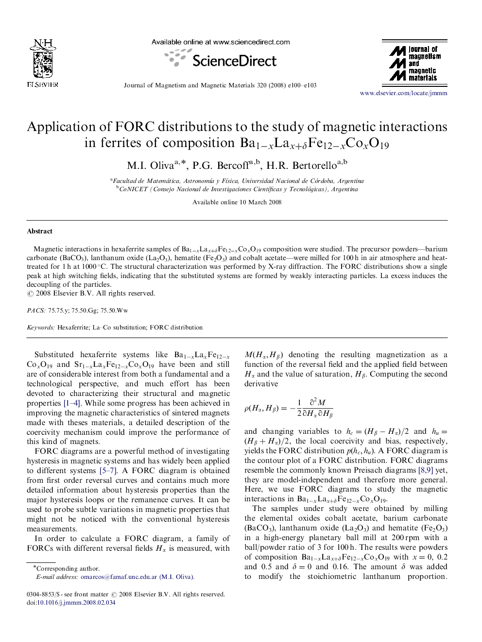 Application of FORC distributions to the study of magnetic interactions in ferrites of composition Ba1-xLax+δFe12-xCoxO19Ba1-xLax+δFe12-xCoxO19