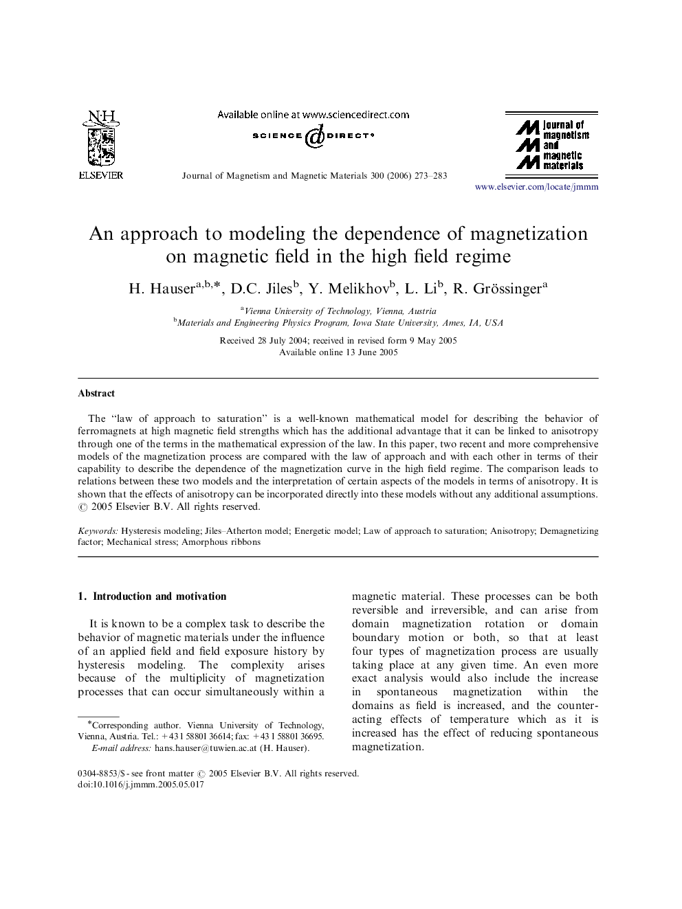 An approach to modeling the dependence of magnetization on magnetic field in the high field regime