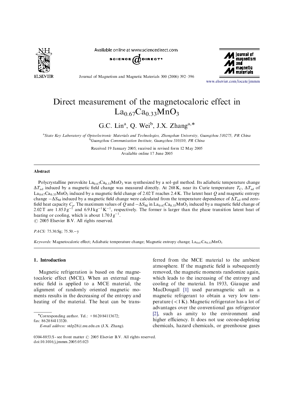 Direct measurement of the magnetocaloric effect in La0.67Ca0.33MnO3