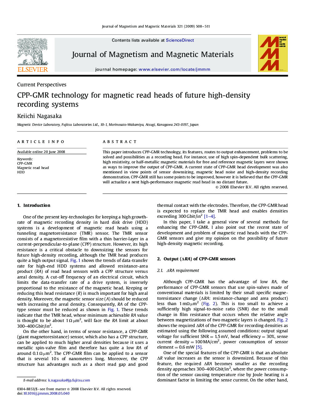 CPP-GMR technology for magnetic read heads of future high-density recording systems