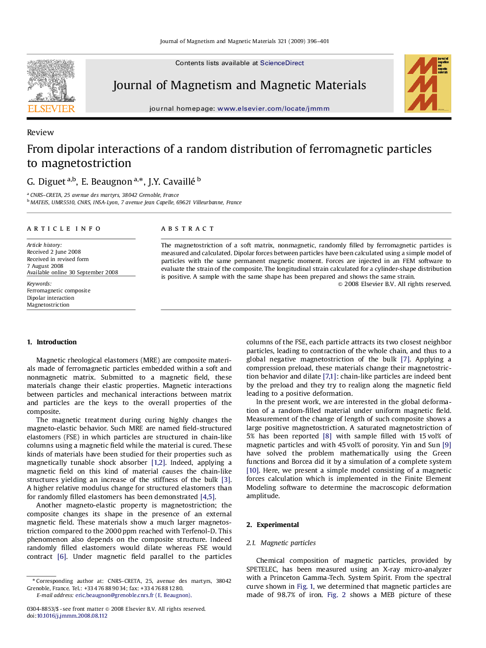 From dipolar interactions of a random distribution of ferromagnetic particles to magnetostriction