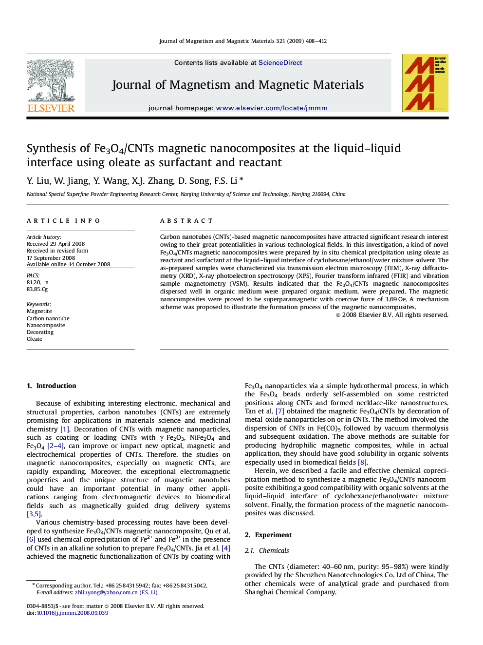 Synthesis of Fe3O4/CNTs magnetic nanocomposites at the liquid–liquid interface using oleate as surfactant and reactant