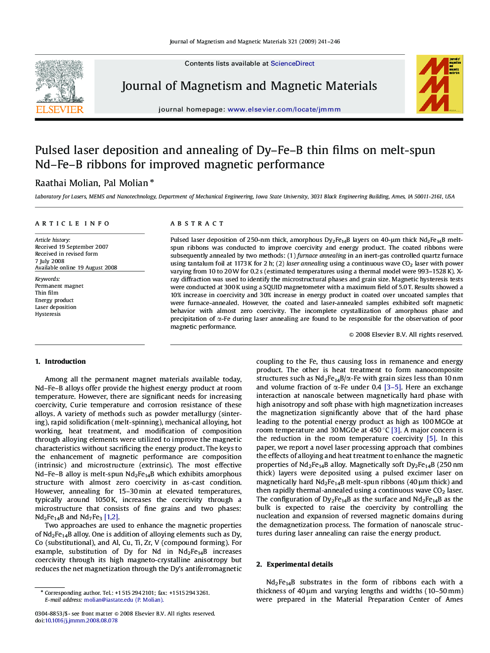 Pulsed laser deposition and annealing of Dy–Fe–B thin films on melt-spun Nd–Fe–B ribbons for improved magnetic performance