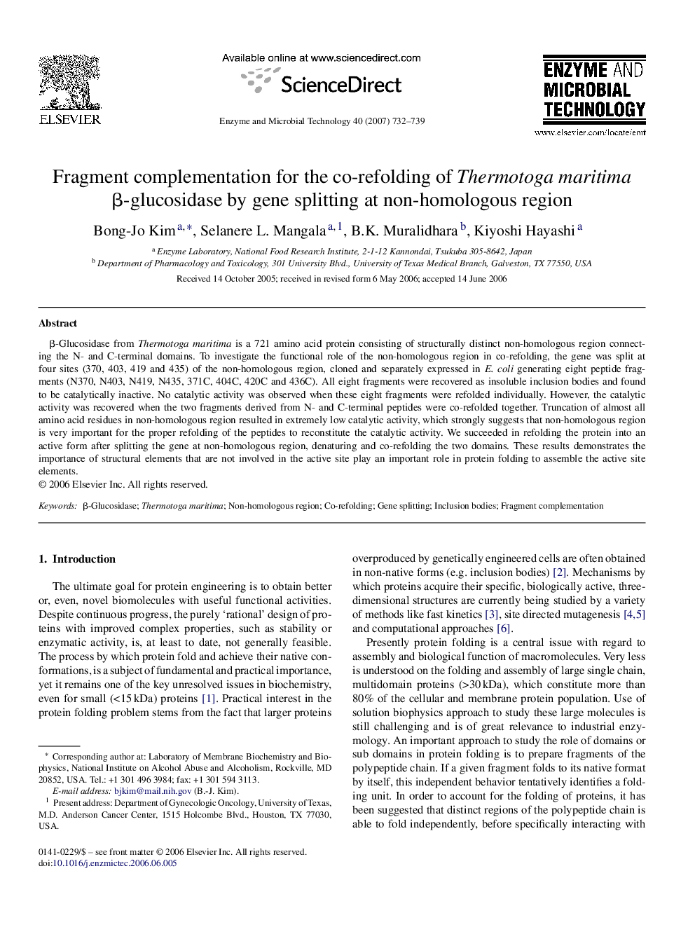 Fragment complementation for the co-refolding of Thermotoga maritima β-glucosidase by gene splitting at non-homologous region