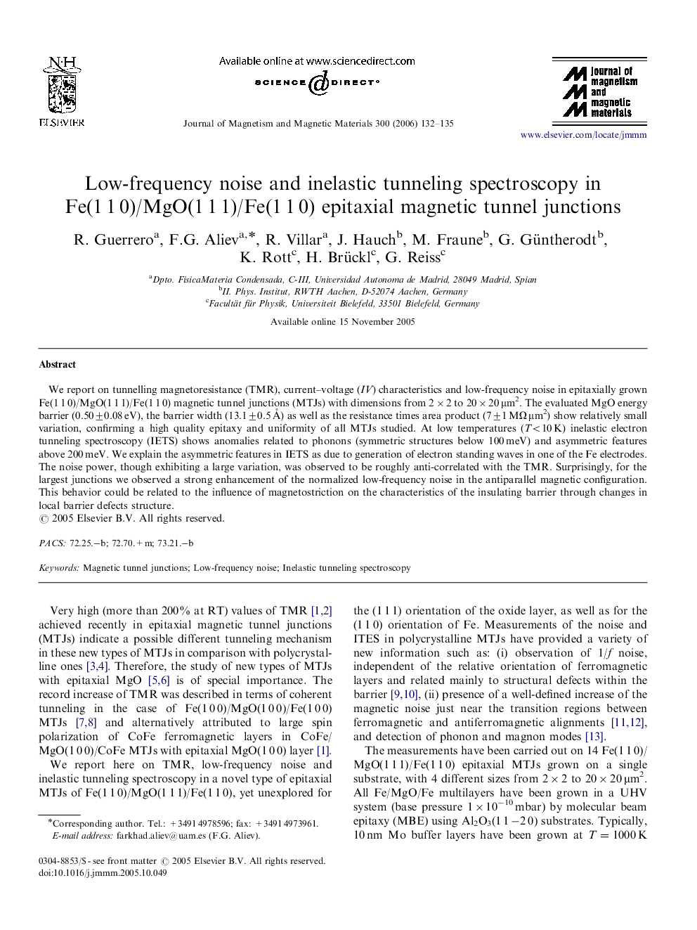 Low-frequency noise and inelastic tunneling spectroscopy in Fe(1 1 0)/MgO(1 1 1)/Fe(1 1 0) epitaxial magnetic tunnel junctions