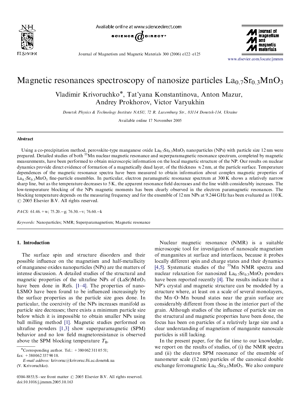 Magnetic resonances spectroscopy of nanosize particles La0.7Sr0.3MnO3