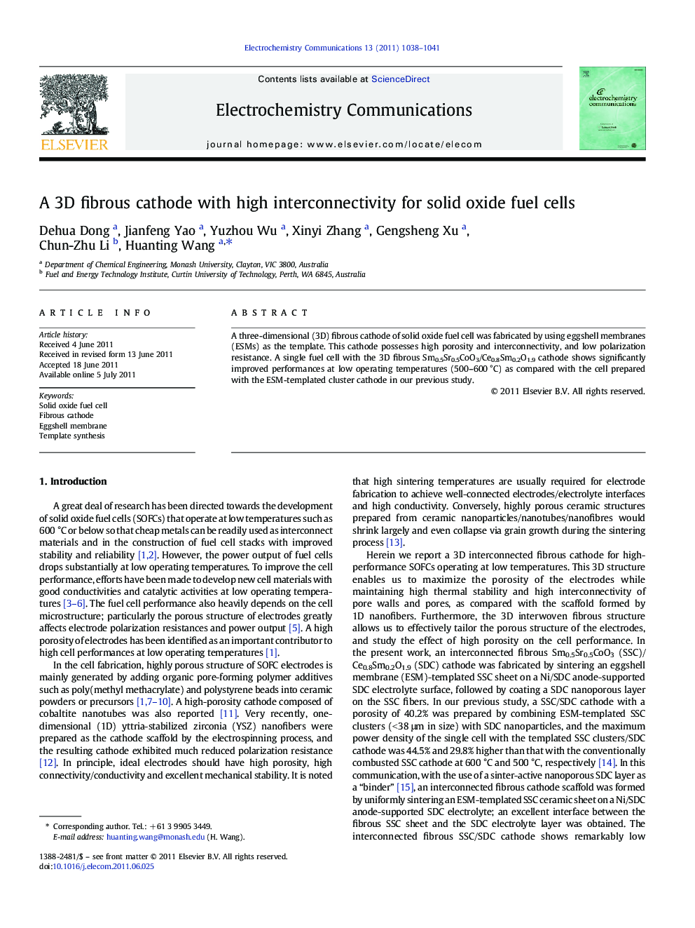 A 3D fibrous cathode with high interconnectivity for solid oxide fuel cells