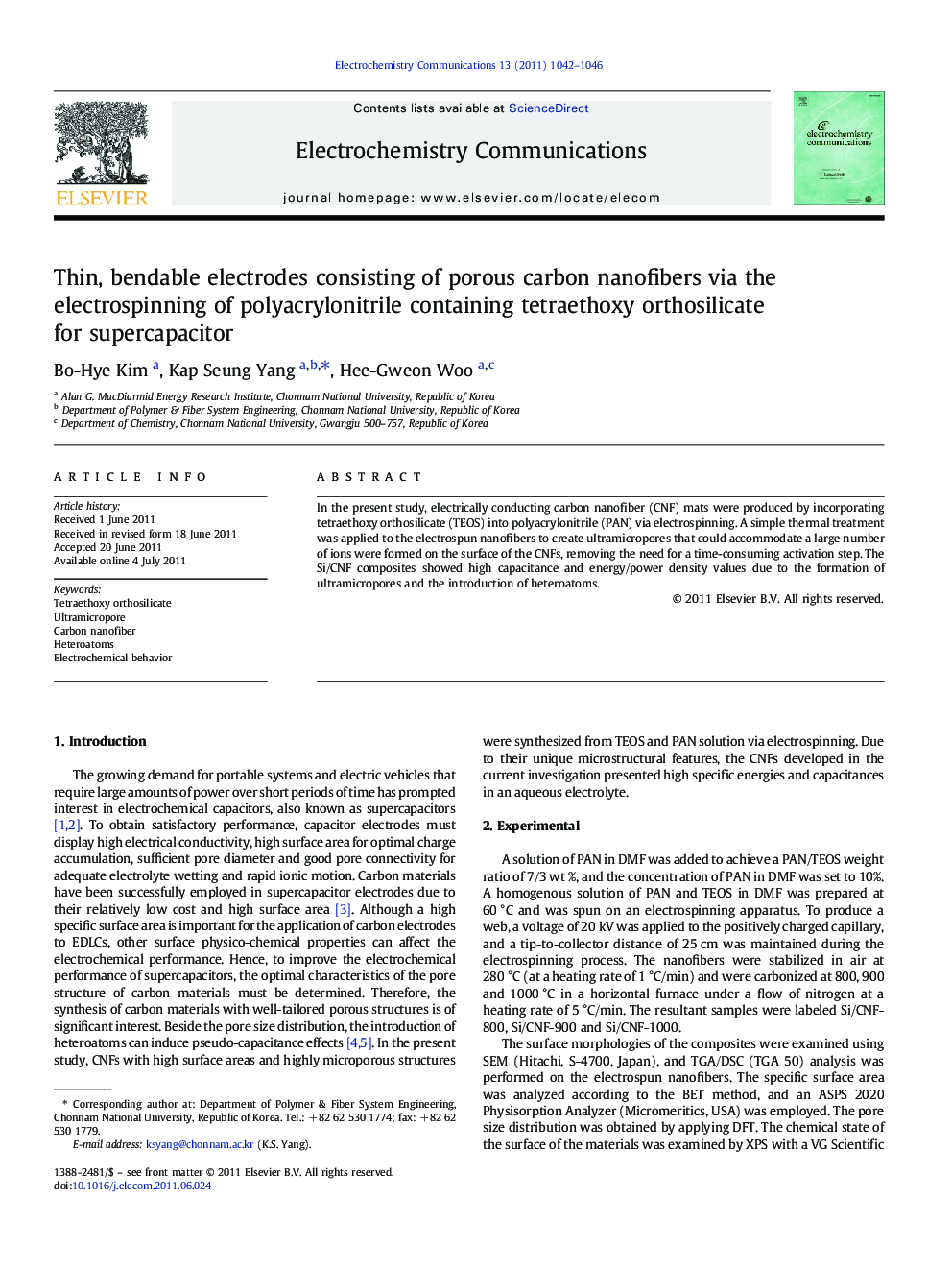 Thin, bendable electrodes consisting of porous carbon nanofibers via the electrospinning of polyacrylonitrile containing tetraethoxy orthosilicate for supercapacitor