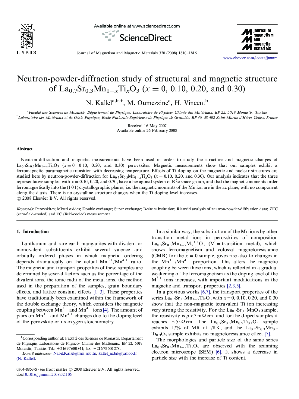 Neutron-powder-diffraction study of structural and magnetic structure of La0.7Sr0.3Mn1−xTixO3 (x=0, 0.10, 0.20, and 0.30)