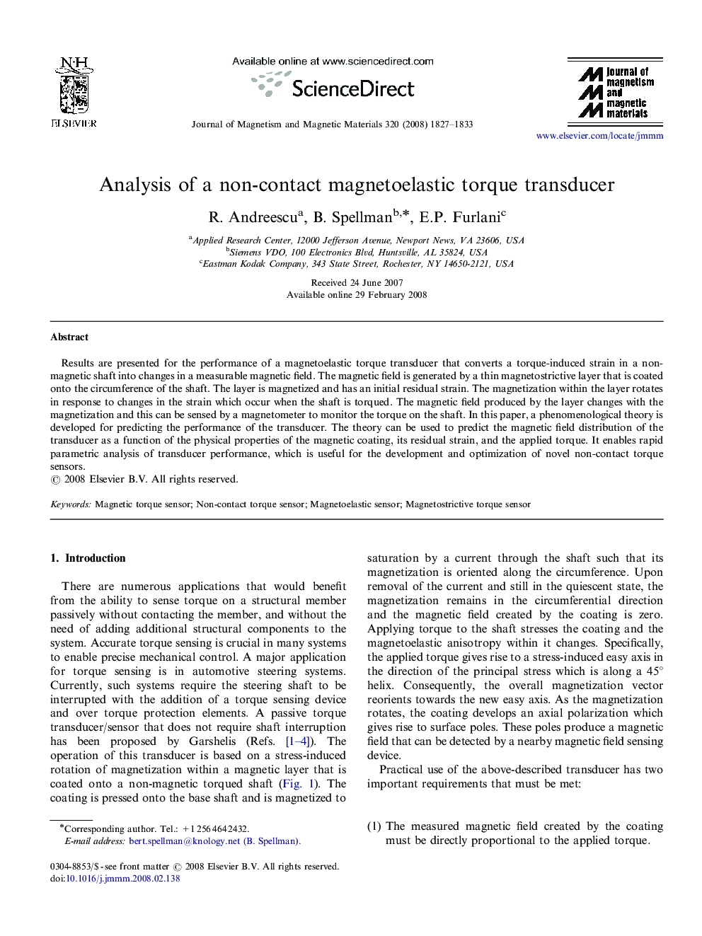 Analysis of a non-contact magnetoelastic torque transducer