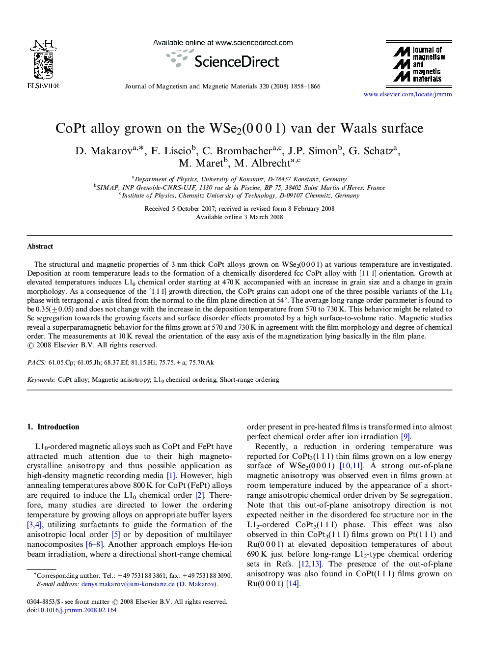 CoPt alloy grown on the WSe2(0 0 0 1) van der Waals surface