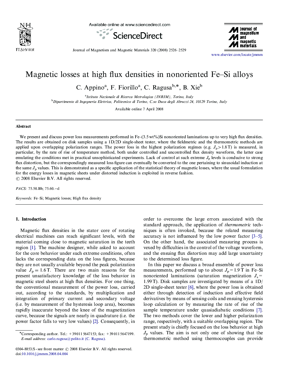 Magnetic losses at high flux densities in nonoriented Fe–Si alloys