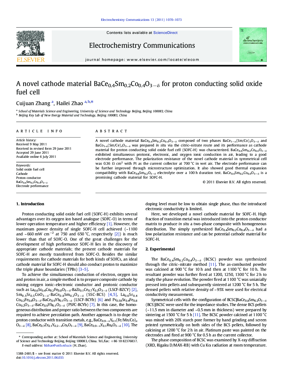 A novel cathode material BaCe0.4Sm0.2Co0.4O3−δ for proton conducting solid oxide fuel cell