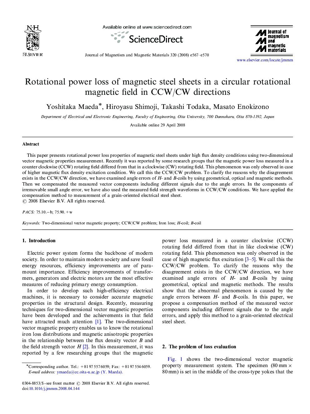 Rotational power loss of magnetic steel sheets in a circular rotational magnetic field in CCW/CW directions