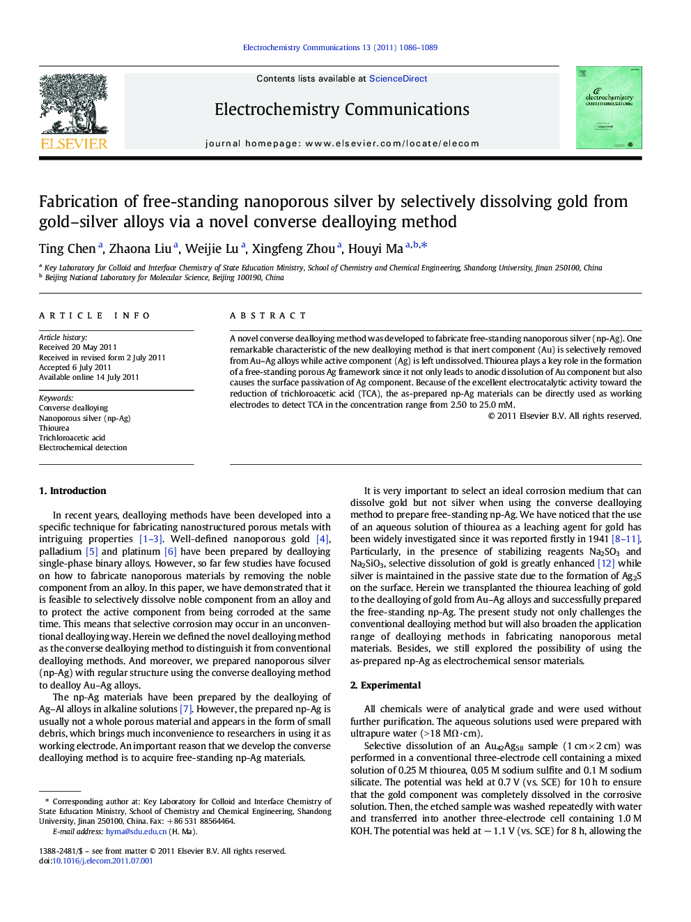 Fabrication of free-standing nanoporous silver by selectively dissolving gold from gold–silver alloys via a novel converse dealloying method