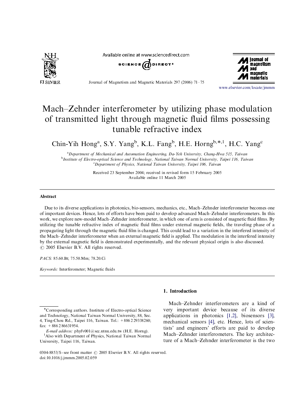 Mach–Zehnder interferometer by utilizing phase modulation of transmitted light through magnetic fluid films possessing tunable refractive index