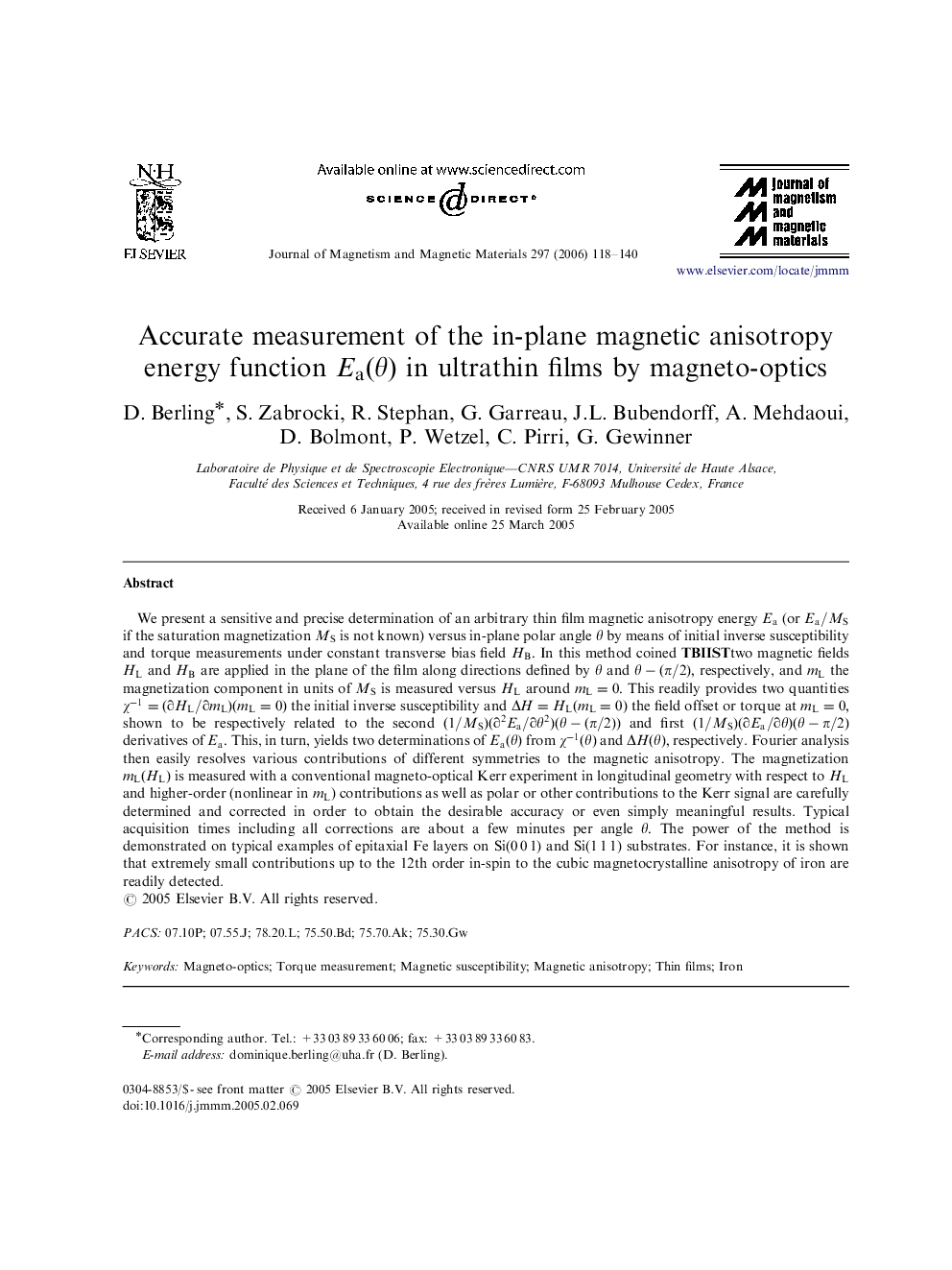 Accurate measurement of the in-plane magnetic anisotropy energy function Ea(θ)Ea(θ) in ultrathin films by magneto-optics