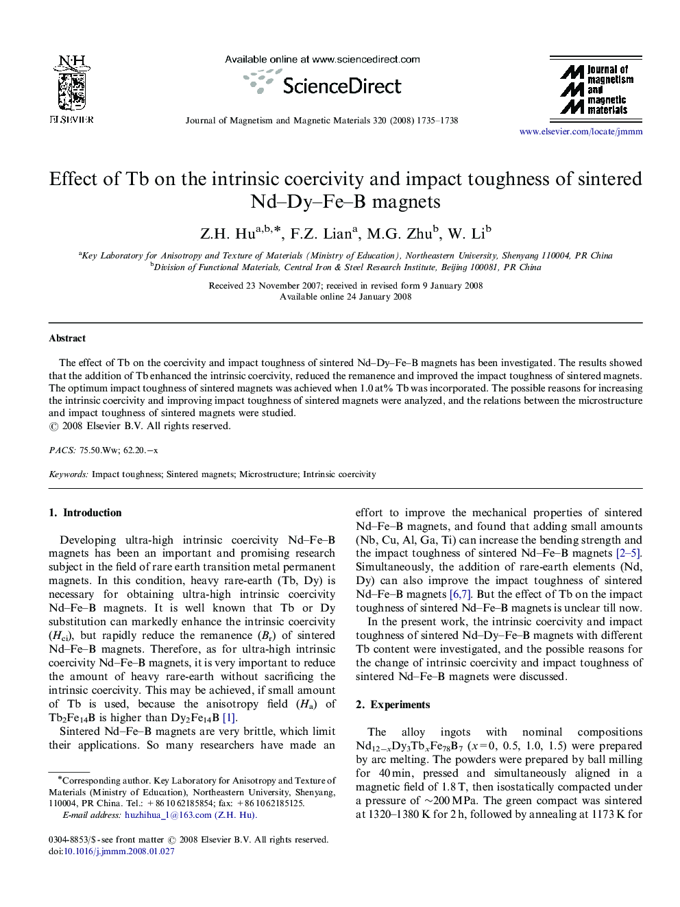 Effect of Tb on the intrinsic coercivity and impact toughness of sintered Nd-Dy-Fe-B magnets
