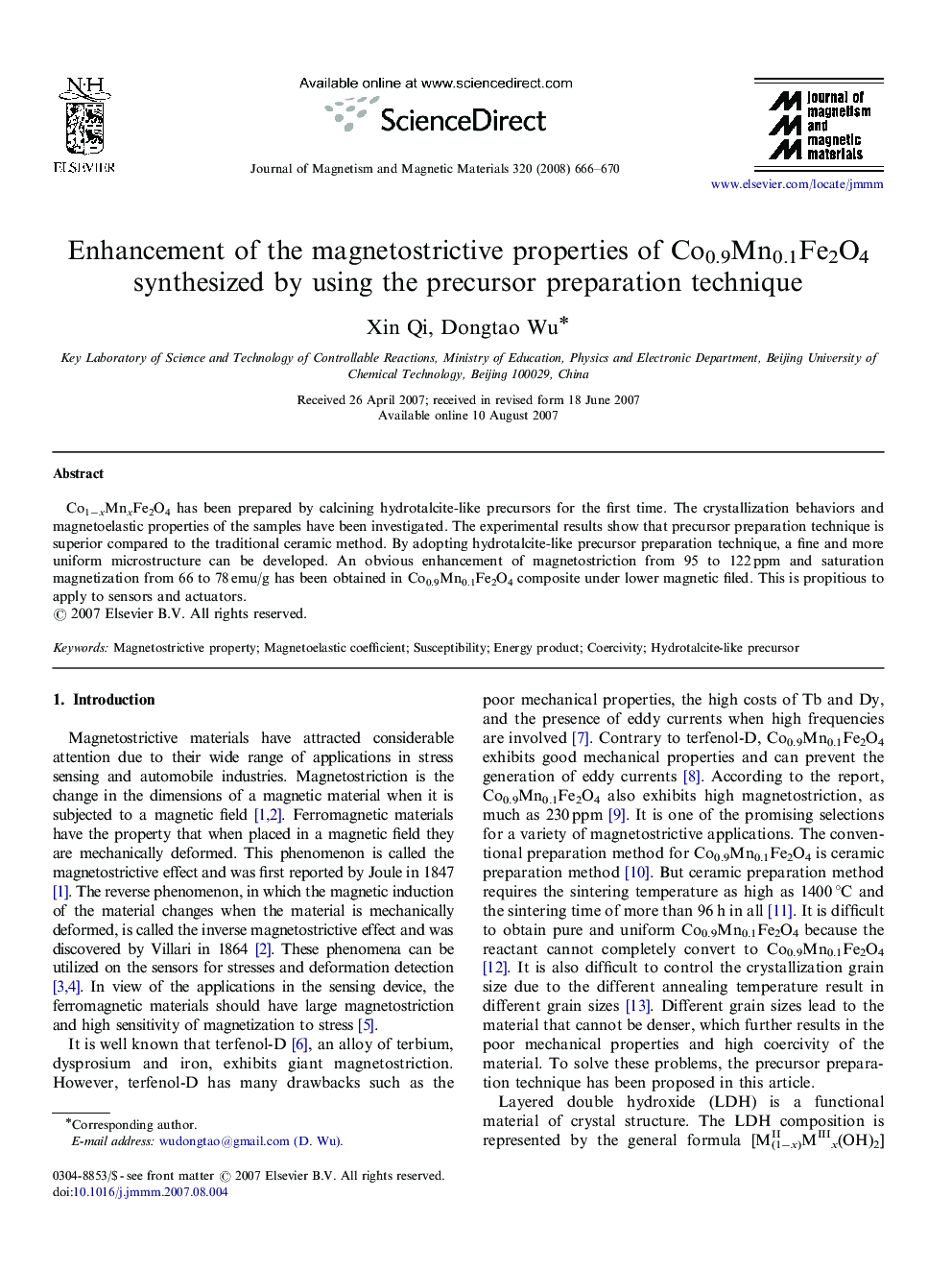 Enhancement of the magnetostrictive properties of Co0.9Mn0.1Fe2O4 synthesized by using the precursor preparation technique