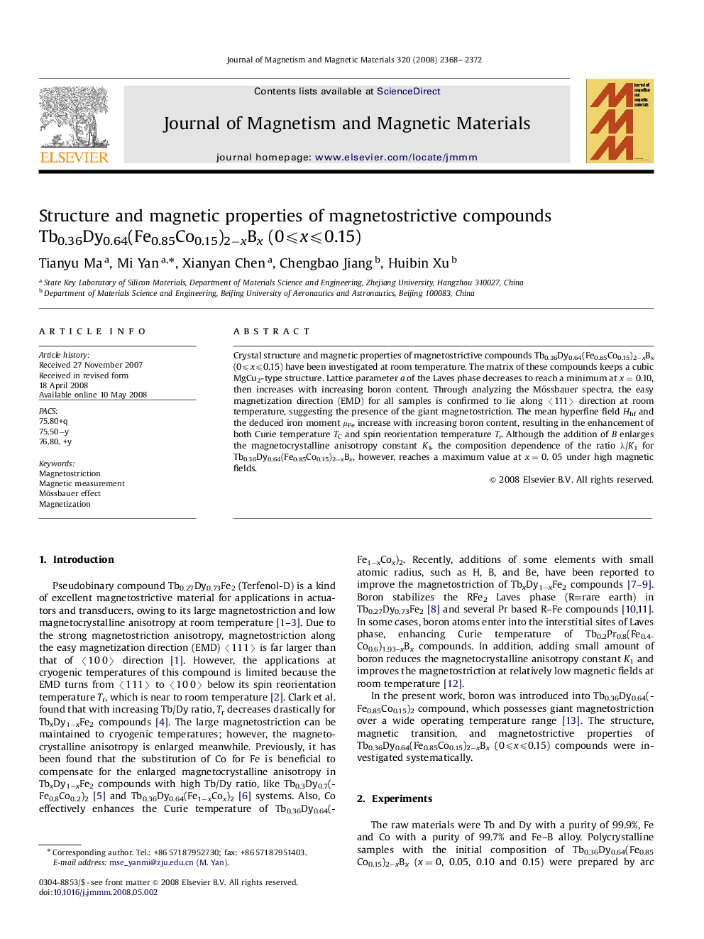 Structure and magnetic properties of magnetostrictive compounds Tb0.36Dy0.64(Fe0.85Co0.15)2âxBx (0â©½xâ©½0.15)