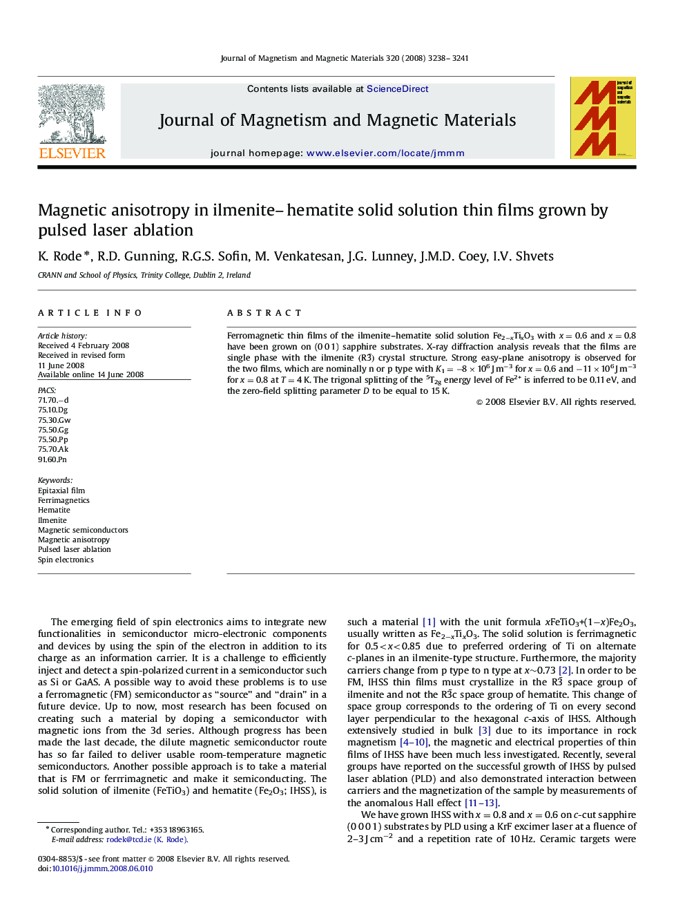 Magnetic anisotropy in ilmenite–hematite solid solution thin films grown by pulsed laser ablation