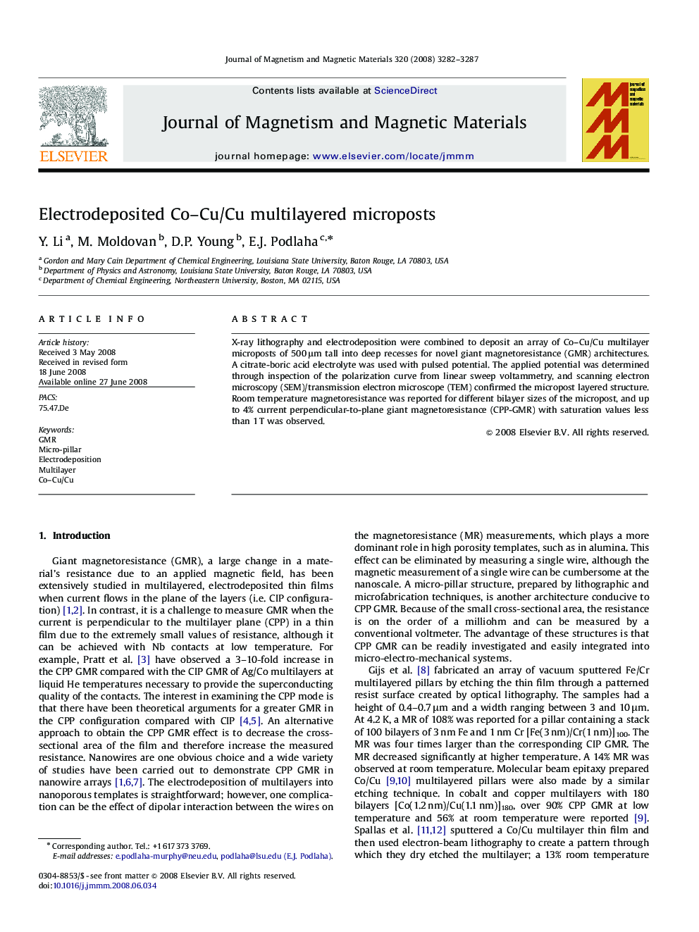 Electrodeposited Co–Cu/Cu multilayered microposts