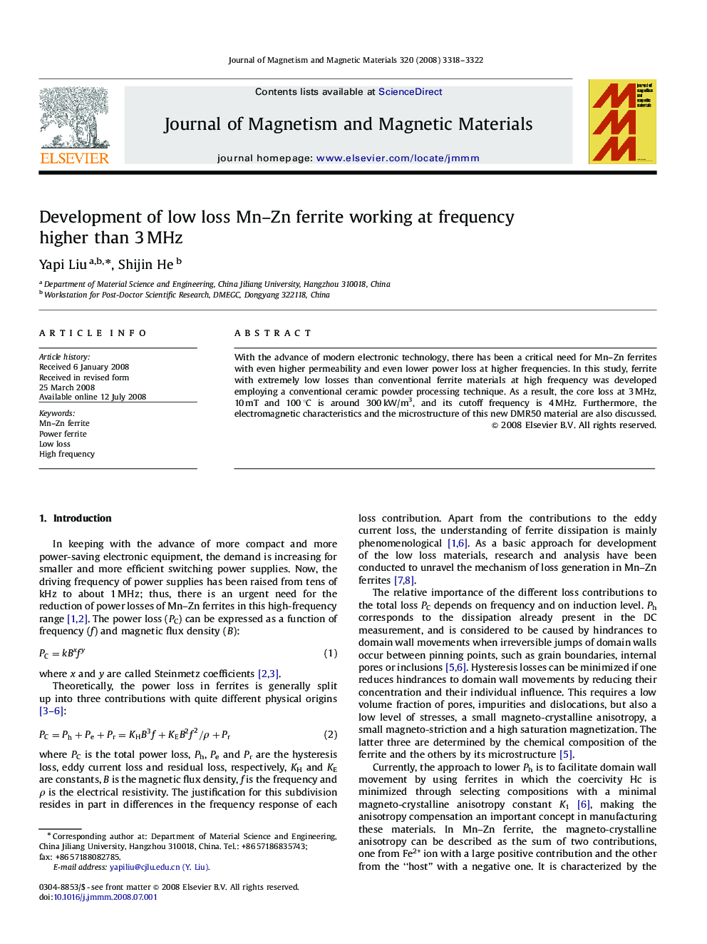 Development of low loss Mn–Zn ferrite working at frequency higher than 3 MHz