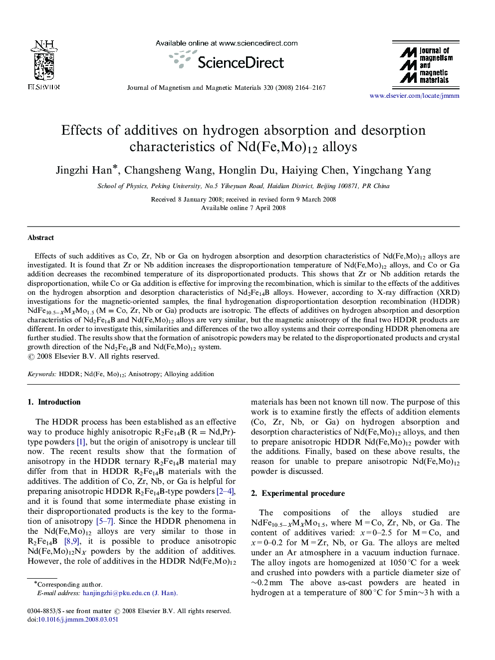 Effects of additives on hydrogen absorption and desorption characteristics of Nd(Fe,Mo)12 alloys