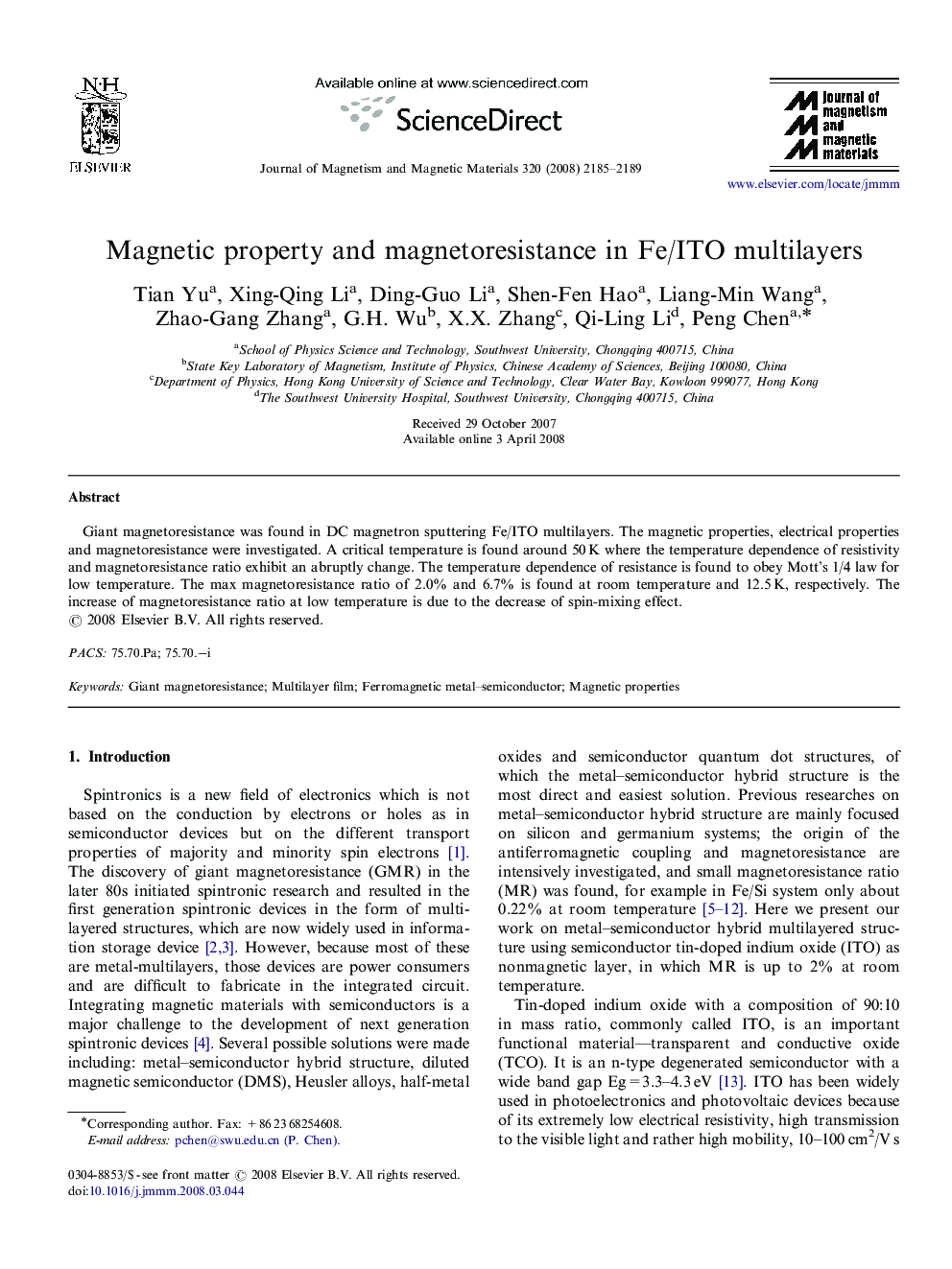 Magnetic property and magnetoresistance in Fe/ITO multilayers