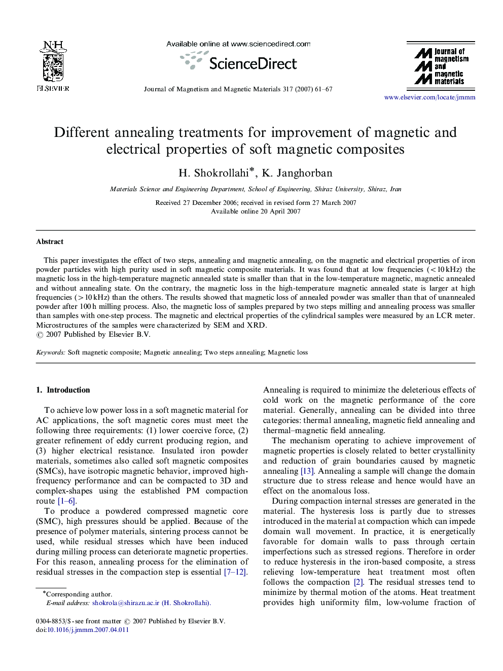 Different annealing treatments for improvement of magnetic and electrical properties of soft magnetic composites